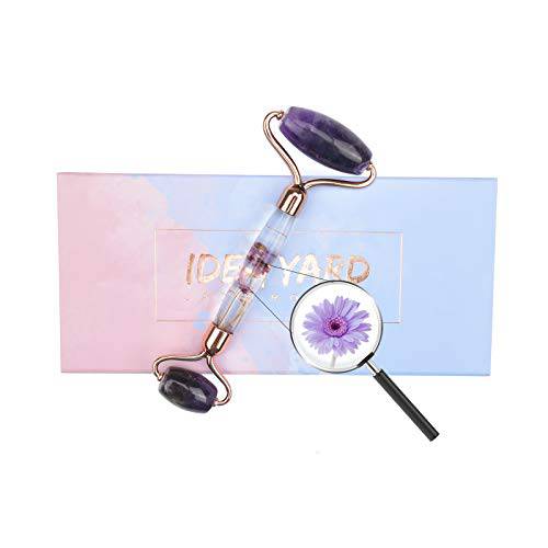 ideayard Jade Roller for Face Massage, Noiseless Facial Beauty Roller, Anti Aging Face Roller for Puffiness, Real Flower Infused Handle (Amethyst)