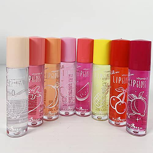 Fruity Roll-on Lip Gloss by Italia Deluxe Clear Flavor Scented Lip Glosses Infused witt Vitamin-E - Complete Sets of All 8 Moisturizing Fruity Flavor Scents 0.3oz each