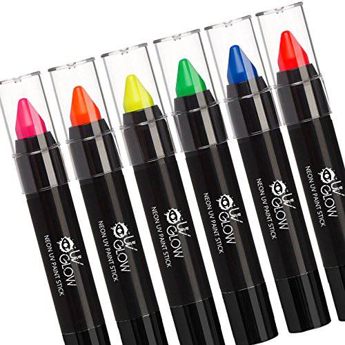 UV Glow - Neon UV Paint Stick/Face & Body Crayon - Set of 6 Colours. Genuine and original UV Glow product - glows brightly under Blacklights