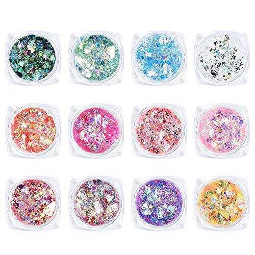 Ownest 12 Colors Holographic Chunky Glitter Gel Set, Christmas Party Makeup Face Body Eye Lips Hair Nail Cosmetic Festival Chunky Glitter Eyeshadow, Mixable, No Need Glue