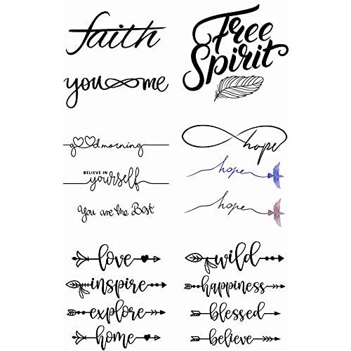 17 Designs Temporary Tattoos Boho Arrows Watercolor Bird Feather Inspirational Word Calligraphy Phrase Quote Hand Temporary Tattoo Neck Arm Chest for Women Men Adults