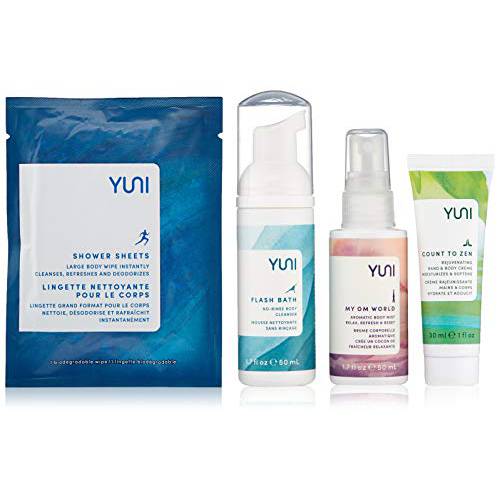 YUNI Beauty Natural Travel Essentials Kit (7pc kit) Beauty On the Run Travel Size Body Care Kit - Cleanse, Refresh, Hydrate - Save Time & Relieve Stress - All Natural, Paraben-Free, Cruelty-Free