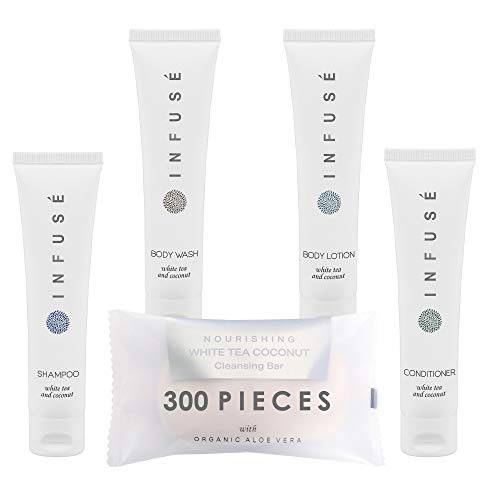 Infuse Pure White Tea and Coconut Hotel Soaps and Toiletries Bulk Set | 1-Shoppe All-In-Kit for Hotels | 1oz Shampoo & Conditioner, Body Wash, Lotion & 1.25oz Bar Soap | Travel Size 300 Pieces