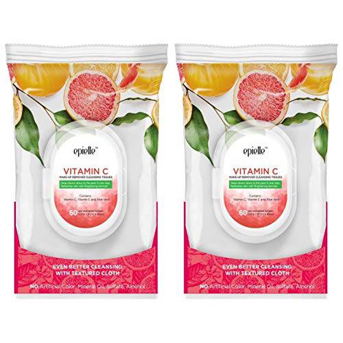 Epielle New Makeup Remover Cleansing Wipes Tissue Towelettes - Vitamin C, 60 Counts, 2 Pack Beauty Stocking Stuffers Gift