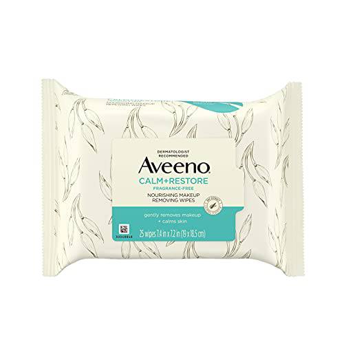 Aveeno Calm + Restore Nourishing Makeup Remover Face Wipes, 100% Plant-Based Cloth, Fragrance-Free Facial Towelettes with Oat Extract & Calming Feverfew, Hypoallergenic, 25 ct