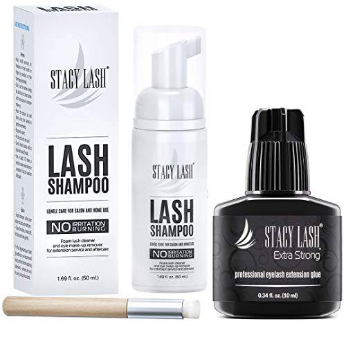 STACY LASH Extra Strong Eyelash Extension Glue 10ml + Shampoo 50 ml / Black Adhesive/ 0.5-1 sec Drying time/ 7 weeks retention / Paraben & Sulfate Free Safe Makeup & Mascara Remover
