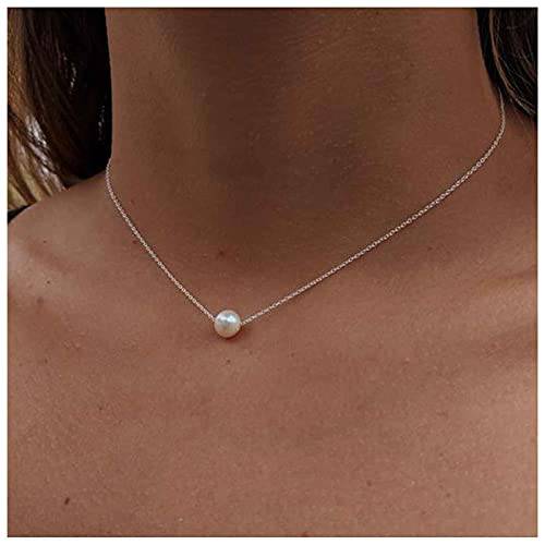 Yheakne Boho Pearl Pendant Necklace Silver Floating Pearl Choker Necklace Minimalist Chain Bridal Necklace Jewelry for Women and Girls (Silver)
