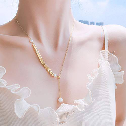 YienDoo Classic Pearl Necklace Fashion Y-shaped Leaf Necklace Chain Pearl Pendant Necklace Jewelry for Women and Girls (Gold)