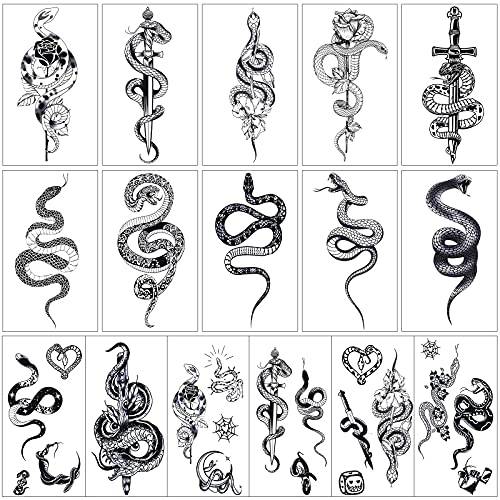 16 Sheets Realistic Snake Temporary Tattoo 3D Tribal Serpent Fake Tattoos Waterproof Peony Fake Rose Tattoos Temporary Viper Floral Designed Tattoo Stickers with Forearm Swords for Arm Body Art, Black