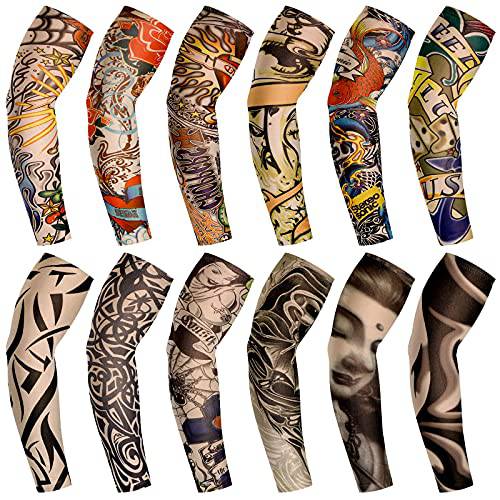 12 Pieces Tattoo Sleeves Set Fake Sunscreen Arm Sleeves Soft Elasticity Flower Arm Gloves Cycling (Colorful Pattern)