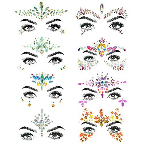 SHINEYES 8 Pcs Music Festival Face Jewels, Rhinestone Rave Face Gems Glitter,Crystal Birthday Party Festival Face Sticker, Eyes Face Body Temporary Tattoos for Festival Party