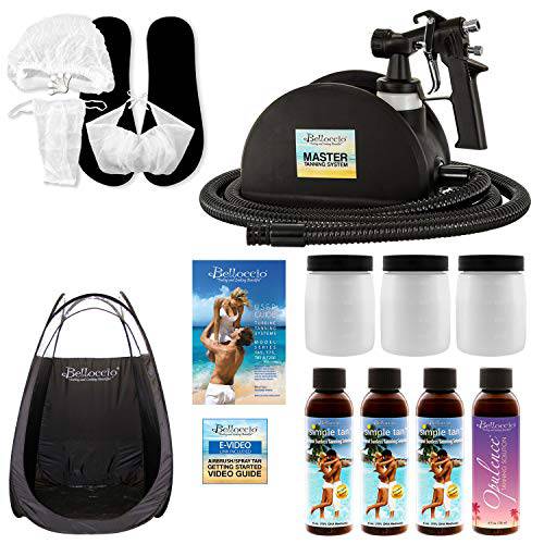 Belloccio Master T95 High Performance Sunless Turbine Spray Tanning System 4 Solution Variety Pack with Opulence & 8, 10, 12% DHA Simple Tan, Tent, Accessories & User Guide Video Link