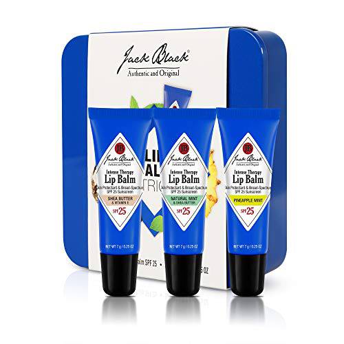 Jack Black Intense Therapy Lip Balm Trio with SPF Sunscreen 25 - Shea Butter & Vitamin E, Natural Mint & Shea Butter, Pineapple Mint - Set of 3 in Tin, 0.25 oz.