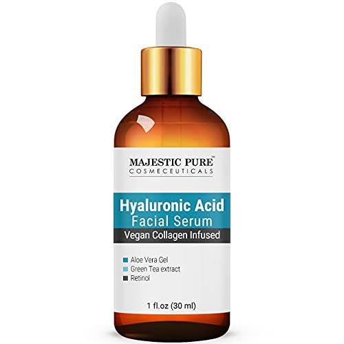 MAJESTIC PURE Hyaluronic Acid Serum for Face - With Vegan Collagen, Aloe Vera, Green Tea & Vitamin A - Facial Serum Anti Aging - Helps Acne, Spots & Fine Lines - Skin Care for Men and Women - 1 fl oz