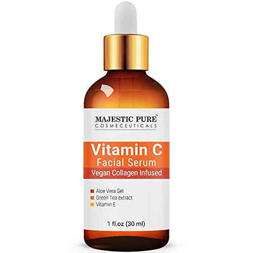 MAJESTIC PURE Vitamin C Serum for Face, Anti Aging Serum with Vegan Collagen, Vitamin E, Aloe Vera Gel & Green Tea Extract - Hydrating Facial Serum for Dark Spots, Fine Lines and Wrinkles, 1 fl oz