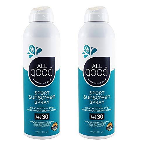 All Good Sport Sunscreen Spray - UVA/UVB Broad Spectrum SPF 30 - Water Resistant, Coral Reef Friendly - Zinc, Calendula, Aloe (6 oz)(2-Pack)