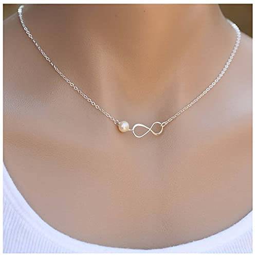Yheakne Boho Pearl Infinity Choker Necklace Silver Pearl Pendant Necklace Figure Eight Necklace Chain Jewelry for Women and Girls Gifts (Silver)