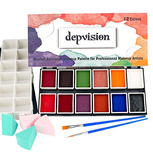 Depvision Alcohol Activated Face Paint SFX Makeup 12 color for Special Effects Wound Bruise Waterproof Professional Makeup Artist with Color Palette Sponges Brushes Skin Illustrator