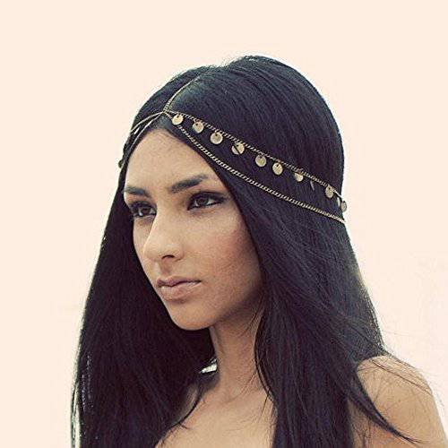Wekicici Boho Gold Disc Tassel Pendant Spangles Hair Bands for Women and Girls Coin Headpiece Party Costume Layering Hair Accessories