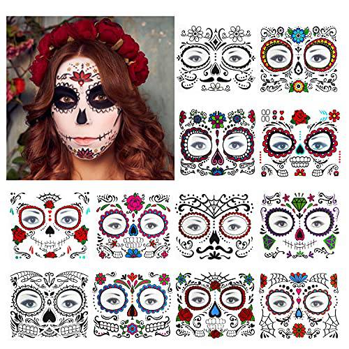 12 Pack Day of the Dead Sugar Skull Face Tattoos Makeup Kit, Temporary Halloween Makeup Tattoo for Men and Women