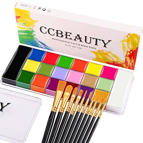 CCbeauty Professional Face Body Paint 20 Colors(6 UV Glow + 14 Classic Colors) Halloween Neon Face Painting Set, Oil Based Large Black White Body Paints for SFX Cosplay Costume Makeup with 10 Brushes