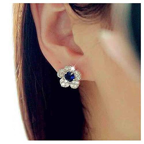 Yheakne Boho CZ Flower Studs Earrings Silver Crystal Earrings Blue Flower Earrings Studs Wedding Earrings Jewelry for Women and Girls