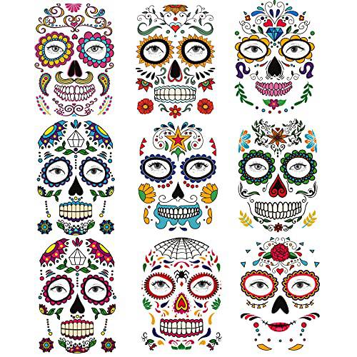 Kotbs 9 Sheets Day of the Dead Skeleton Face Tattoo Stickers, Glitter Red Roses Temporary Tattoos for Men Women Halloween Costume Accessories and Parties