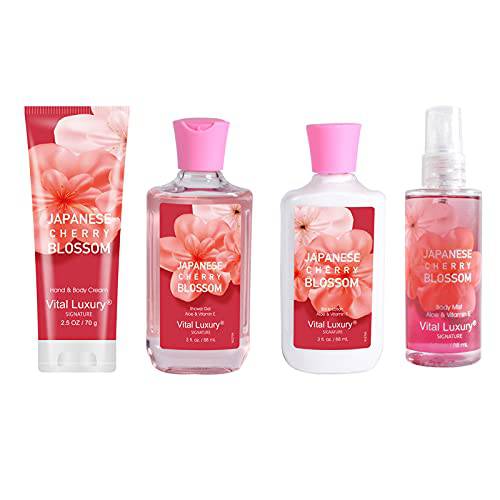 Vital Luxury Bath & Body Kit, 3 Fl Oz, Ideal Skincare Gift Home Spa Set, Includes Body Lotion, Shower Gel, Body Cream, and Fragrance Mist (Japanese Cherry Blossoms)