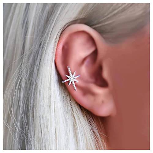 Yheakne Boho Northstar Ear Cuff Earrings Silver Starburst Cuff Wrap Earrings CZ Pave Star Cartilage Cuff Earrings Tiny Non Pierced Clip on Earrings Jewelry for Women and Girls (Silver)