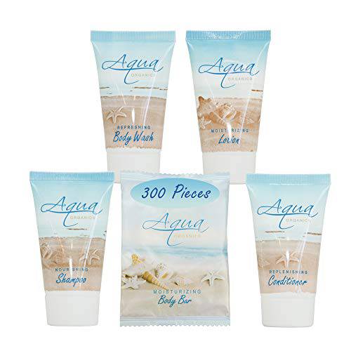 Aqua Organics Hotel Soaps and Toiletries Bulk Set | 1-Shoppe All-In-Kit Amenities for Hotels & Airbnb | 1oz Hotel Shampoo & Conditioner, Body Wash, Body Lotion & 1oz Bar Soap Travel Size | 300 Pieces