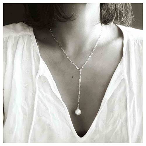 Yheakne Boho Long Pearl Necklace Silver Lariat Y Necklace Choker Pearl Pendant Necklace Vintage Minimalist Necklace Chain Jewelry for Women and Girls (Silver)