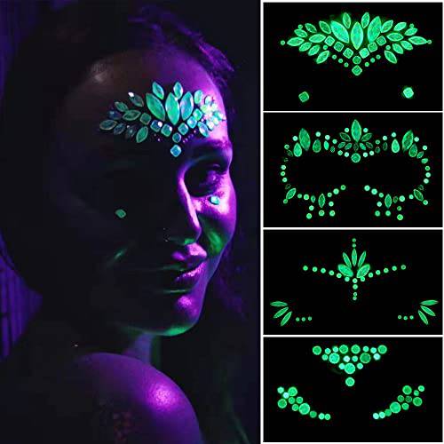 4 Sets Luminous Face Jewels Tattoo Rhinestone Mermaid - Body Jewelry Glow in the Dark Face Gems Crystals Sticker Body Jewelry for Halloween Christmas Festival Makeup