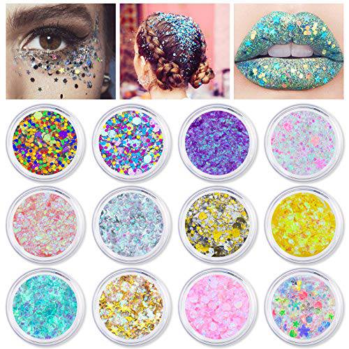 12 Colors Self-Adhesive Chunky Body Face Glitter - Sparkle Holographic Cosmetic Glitter for Hair Eyes Lip, Multicolored Makeup Palette for Festival Party Carnival, No Need Extra Glue¡­