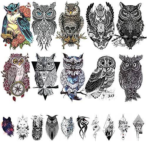 20 Sheets Large Owl Temporary Tattoos for Men Women, Realistic Owl Temporary Tattoo Stickers for Adults 3D Fake Wolf Lion Dragon Totem Animals Tatoos