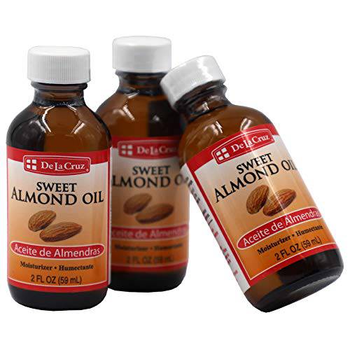De La Cruz Sweet Almond Oil - Expeller Pressed Almond Oil for Skin and Hair 2 FL. OZ. (59 mL) - 3 Bottles