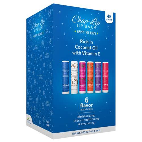 Chap-Lip Lip Balm Rich in Coconut Oil & Vitamin E - Moisturizing, Ultra Conditioning & Hydrating - Total Lip Moisturizer & Lip Therapy Treatment - Happy Holidays 6 Flavor Assortment, 48 Count
