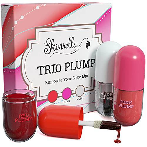 Lip Plumper Trio Set for Sexy Lips - (2/10 Strength) - Natural Lip Enhancer for Fuller Lips - Hydrating, Nourishing, Invigorating Plump Volumizer for Lips - Red, Pink, and Clear Lip Plumping Gloss