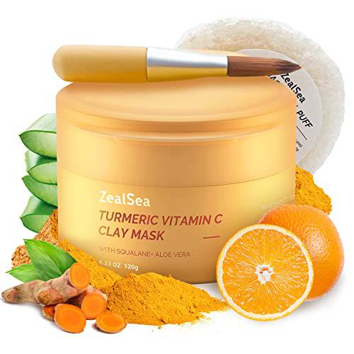 ZealSea 4.23 oz Turmeric Clay Mask for Dark Spots, Brighten and Refining Pores, Face Mask Skin Care Sensitive Skin Clay Face Mask with Vitamin C, Facial Mask- Includes Mask Brush and Konjac Facial Sponges