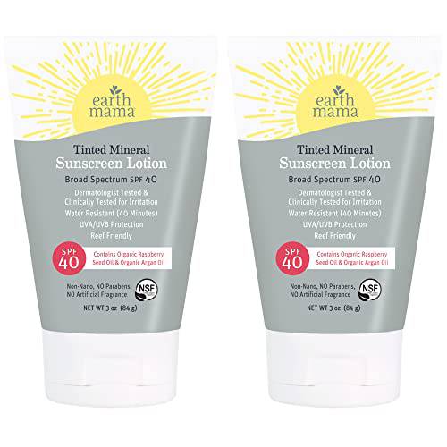 Earth Mama Tinted Mineral Sunscreen Lotion SPF 40, Contains Organic Argan and Red Raspberry Seed Oil, 3-Ounces, 2-Pack