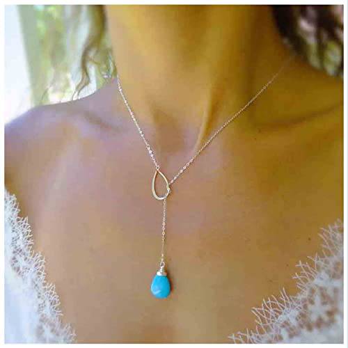 Yheakne Boho Turquoise Y Necklace Silver Circle TearNecklace Choker Blue Gemstone Lariat Necklace Vintage Gem Necklace Jewelry for Women and Girls