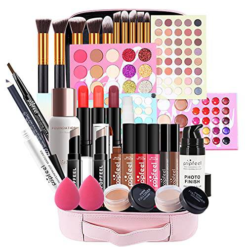 Joyeee Carry All Trunk Train Case with Pro Makeup, Includes Eyeshadow Palette, Blush & Concealer Palette, Makeup Brush Set, Lipgloss Set, Makeup Tool Set and etc, Mum Girl Women Gift Surprise Box