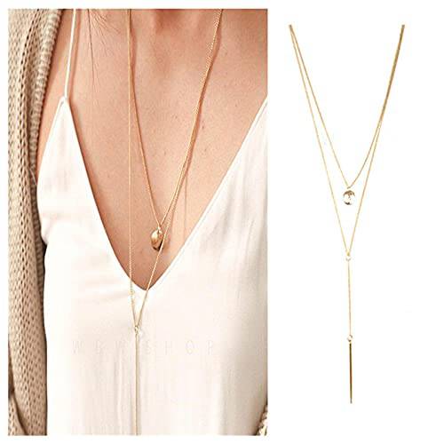Yheakne Bohemia Layered Bar Coin Necklace Gold Vertical Bar Y Lariat Necklace Long Disc Pendant Necklace Chain Circle Necklace Jewelry for Women and Girls Gifts