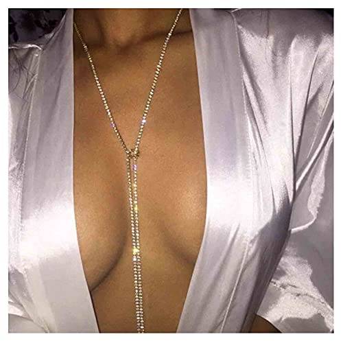Yheakne Bling Tennis Chain Necklace Silver Long Rhinestone Choker Necklace CZ Lariat Y Necklace Tie Up Necklace for Women and Girls Nightclub Body Chain Jewelry