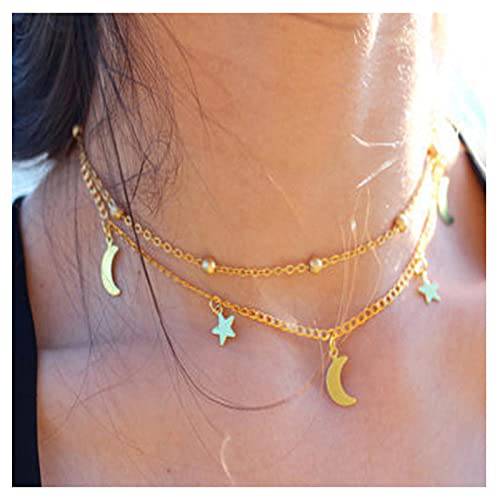 Yheakne Boho Star Moon Necklace Choker Gold Layered Star Choker Necklace Crescent Moon Necklace Celestial Necklace Chain Festival Jewelry for Women and Girls (Gold)