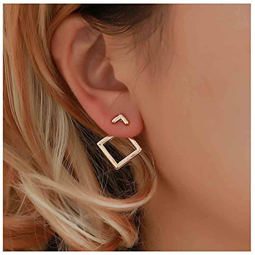 Yheakne Square Ear Jackets Earrings Gold Double Sided Earrings Front Back Studs Earrings Minimalist Geometric Earrings Jewelry for Women and Girls