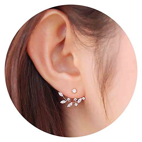 Yheakne Boho Crystal Leaf Ear Jackets Earrings Rose Gold Cz Crystal Earrings Rhinestone Front Back Studs Earrings Minimalist Earrings Jewelry for Women and Girls Gifts (Rose Gold)