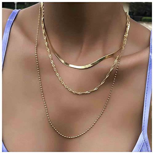 Yheakne Punk Layered Chain Necklace Gold Flat Snake Chain Necklace Choker Vintage Herringbone Necklace Stacking Chunky Necklace Chain Jewelry for Women and Girls Gift