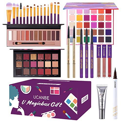 UCANBE Women Full Kit Makeup Set - 3 Eyeshadow Palette 3 Liquid Lipstick 1 Eyeliner 2 Brow Pencil 1 Eye Primer 3 Lip Liner 15 pcs Brushes Make Up Gift Set, Large