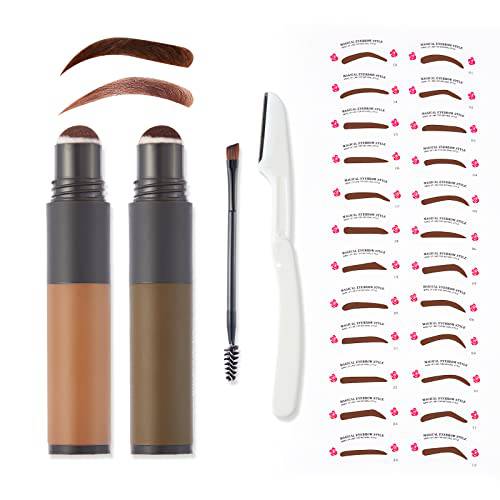ESPOCE Eyebrow Stamp Stencil Kit 2 Colors in 1 Black and Black Brown Waterproof and Long Lasting One Step Brow Stamp with 24 Eyebrow Stencils, 1 Brush and 1 Razor, Upgrade Design