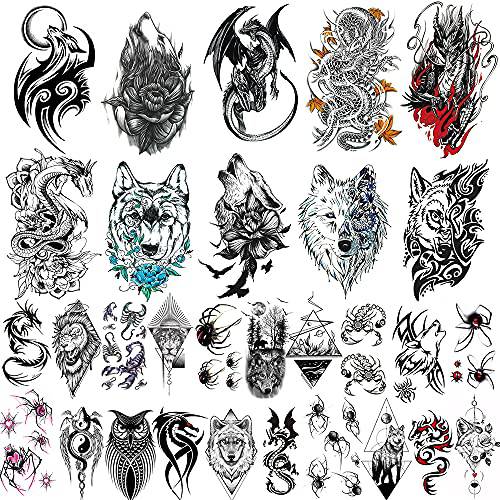 30 Sheets Large Dragon Wolf Temporary Tattoos, Arm Hands Face Tattoo Sticker for Men Women,Spider, scorpion, Dragon Designs long lasting